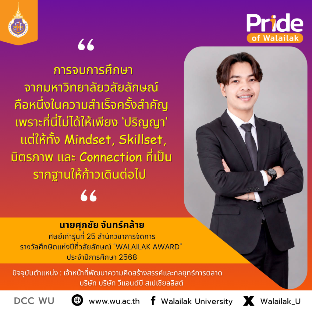 นายศุภชัย จันทร์คล้าย ศิษย์เก่ารุ่นที่ 5 สำนักวิชาการจัดการ และได้รับรางวัลศึกษิตแห่งปีที่วลัยลักษณ์ "WALAILAK AWARD" ประจำปี 2568